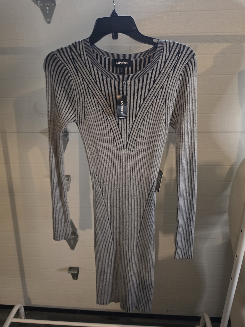 Express Gray and Black Ribbed Bodycon Midi Dress